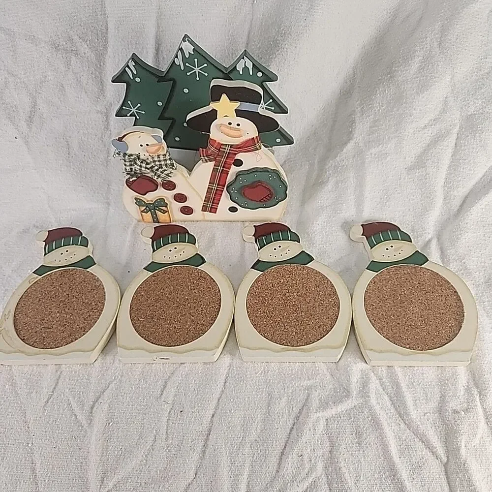 5 pc Holliday Wooden 4 Coaster Set - Santa  & Sleigh OR Snowmen 2006
